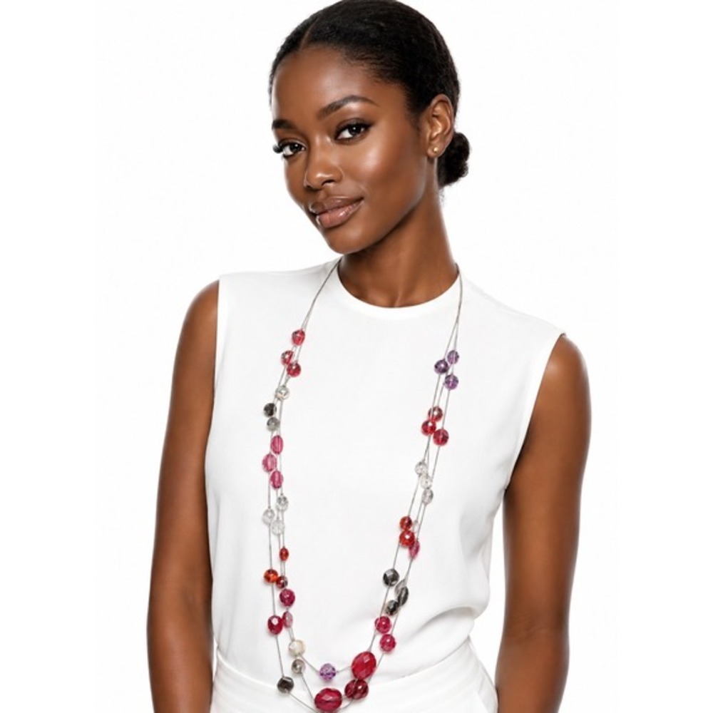 LOFT Multi Strand Beaded Long Necklace Red Purple Silver Tone Layered Boho J-01‎
